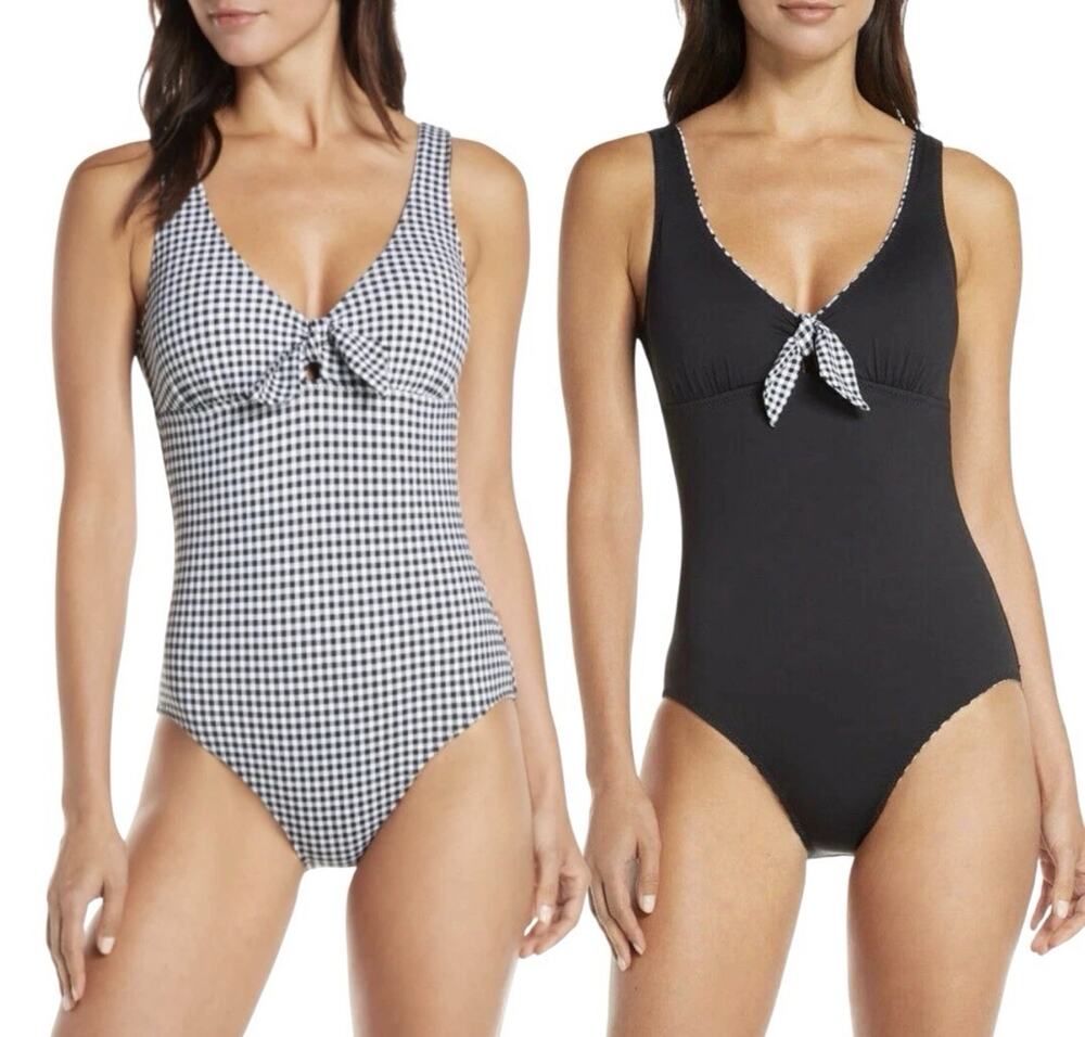 🏖️ Tommy Bahama Reversible Black White Gingham One Piece Swimsuit EUC Size 12